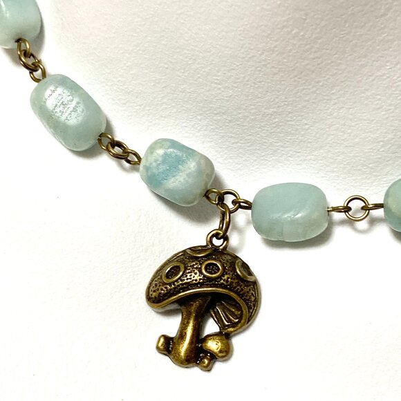 Natural Light Teal Amazonite Necklace, Bronze Round Mushroom + Genuine Gemstone - Picture 1 of 12